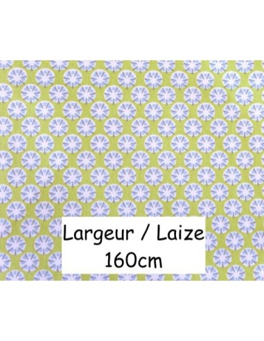 Tissu coton motif géométrique, disque, rosace, blanc, gris, bleu sur fond vert anis en 160cm de laize