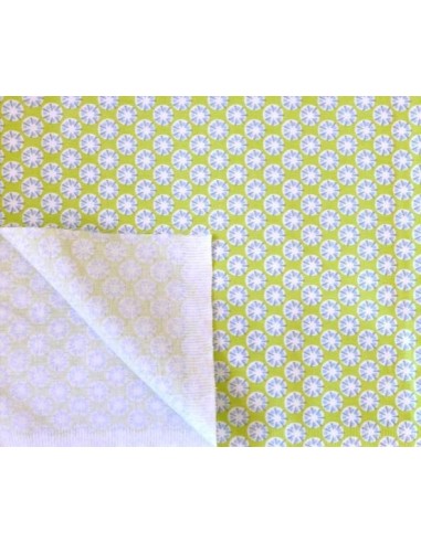 Tissu coton motif géométrique, disque, rosace, blanc, gris, bleu sur fond vert anis en 160cm de laize