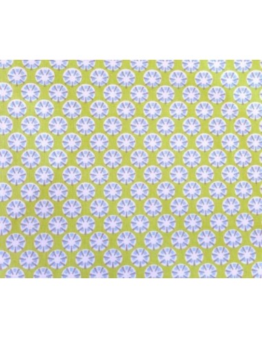 Tissu coton motif géométrique, disque, rosace, blanc, gris, bleu sur fond vert anis en 160cm de laize