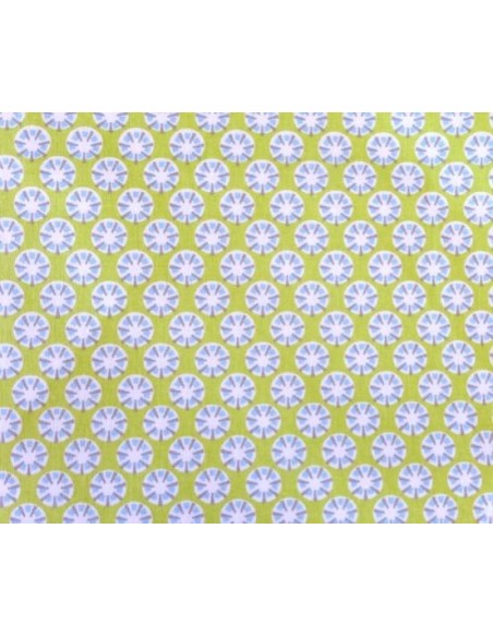 Tissu coton motif géométrique, disque, rosace, blanc, gris, bleu sur fond vert anis en 160cm de laize