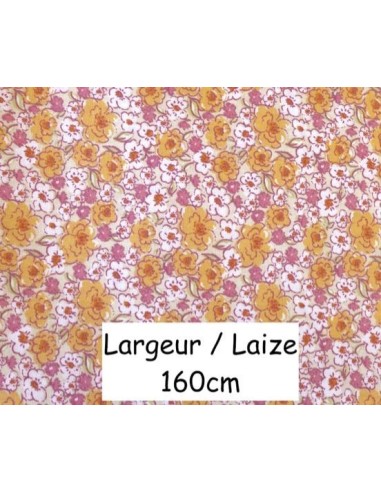 Tissu coton à fleurs orange, rose, beige et blanc en 160cm de laize