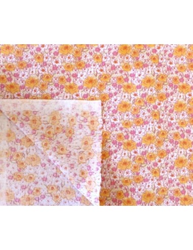 Tissu 100% coton à fleurs orange, rose, beige et blanc en 160cm de laize