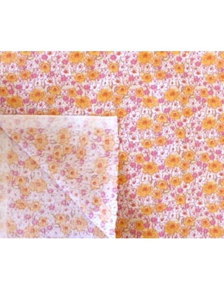 Tissu 100% coton à fleurs orange, rose, beige et blanc en 160cm de laize