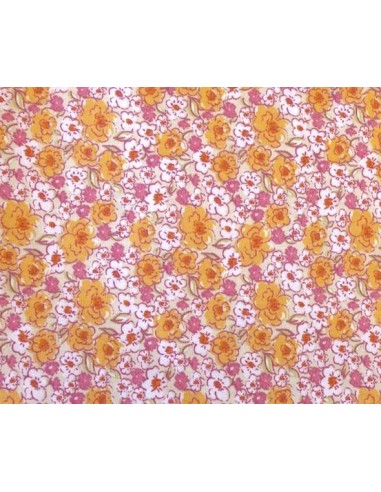 Tissu coton à fleurs orange, rose, beige et blanc pas cher