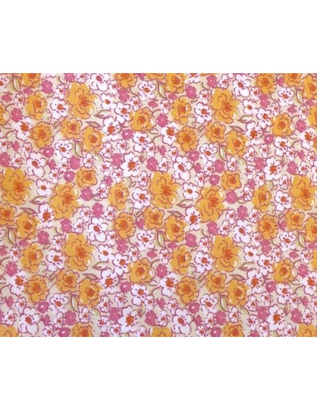 Tissu coton à fleurs orange, rose, beige et blanc pas cher