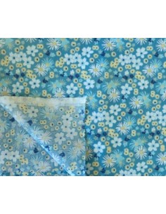 Tissu coton à fleurs bleu canard, bleu ciel, jaune pâle et blanc en 160cm de laize 2