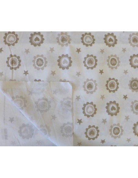 Tissu coton coeur, étoile beige sur fond écru, motif étoiles, coeur, fleur en 140 de laize