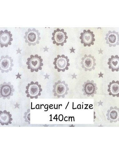 Tissu coton coeur gris sur fond écru, motif étoiles, coeur, fleur en 140 de laize