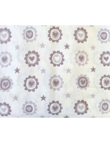 Tissu coton coeur, étoiles, fleur sur fond écru pas cher