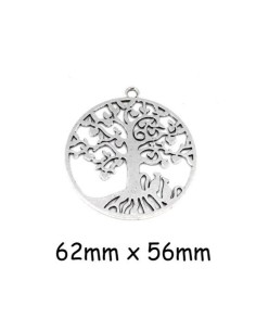 Grand Pendentif médaillon arbre de vie en métal argenté avec petit chat