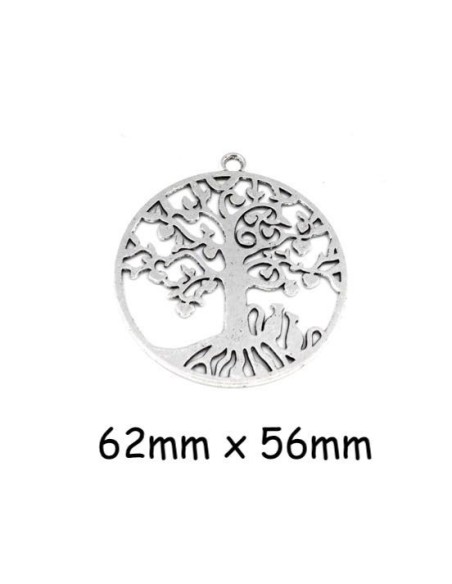 Grand Pendentif médaillon arbre de vie en métal argenté avec petit chat