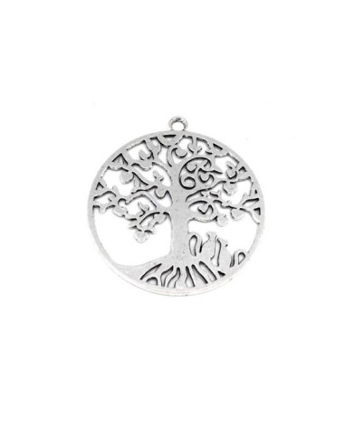 Grand médaillon arbre de vie en métal argenté avec petit chat