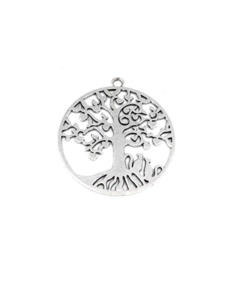 Grand médaillon arbre de vie en métal argenté avec petit chat
