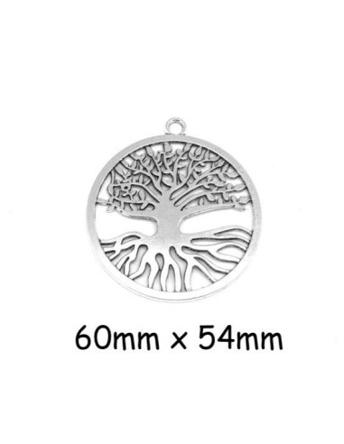 Grand Pendentif arbre de vie en métal argenté, médaillon