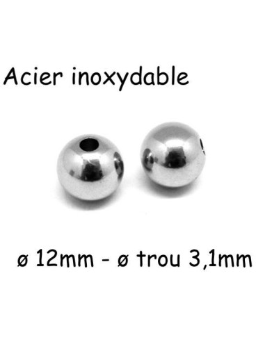 Perle ronde 12mm en acier inoxydable argenté