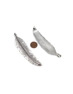 Grande plume pendentif 10cm en métal argenté 2