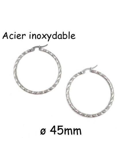 Créole torsadée argenté en acier inoxydable 40mm