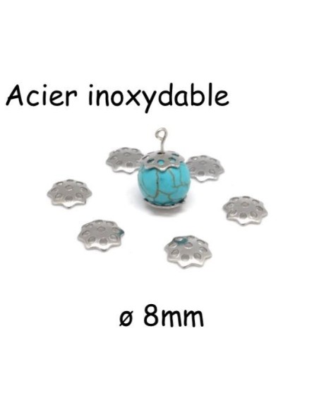 Calottes argenté en métal acier inoxydable fleur ajourée filigranne 8mm