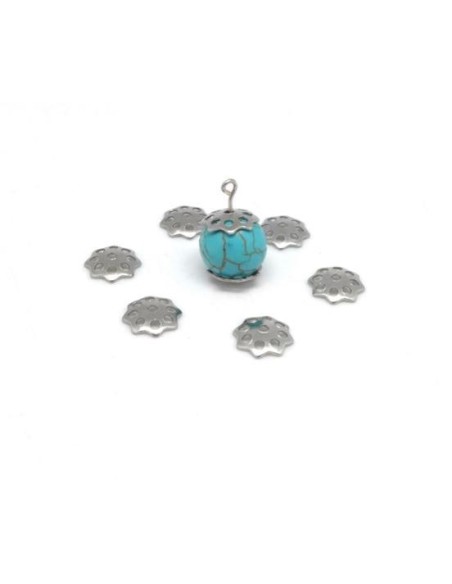 chapeau de perles argenté en métal acier inoxydable fleur 8mm