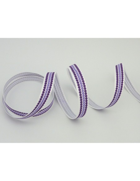 Ruban Galon plat pois violet et mauve sur fond blanc 10mm de large