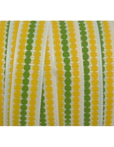 Ruban Galon plat pois vert et jaune sur fond blanc 10mm de large