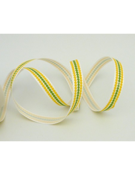 Ruban Galon plat pois vert et jaune sur fond blanc 10mm de large