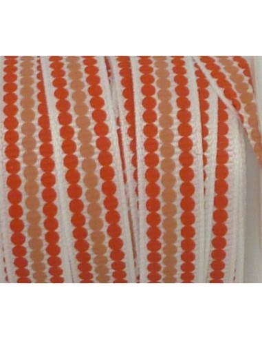 Ruban Galon plat pois orange et chair sur fond blanc 10mm de large