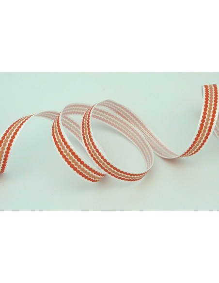 Ruban Galon plat pois orange et chair sur fond blanc 10mm de large