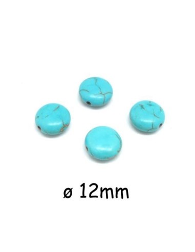 Perle pastille 12mm imitation turquoise "Howlite" bleu turquoise