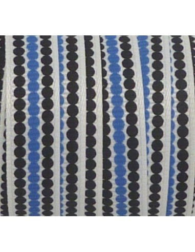 Ruban Galon plat pois bleu et noir sur fond blanc 10mm de large