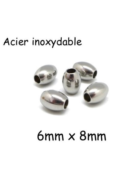 Perle ovale argenté en acier inoxydable lisse pour création de bracelets