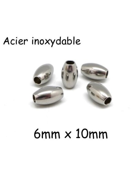 Perle tonneau 10mm en acier inoxydable argenté lisse