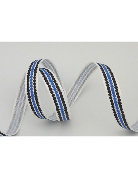 Ruban Galon plat pois bleu et noir sur fond blanc 10mm de large