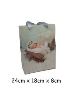 Pochette cadeau motif bébé aviateur en papier cartonné glacé 