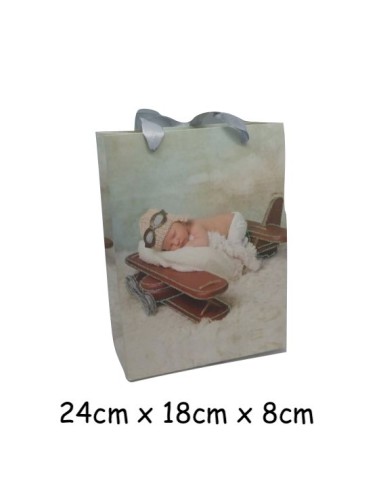 Pochette cadeau motif bébé aviateur en papier cartonné glacé 