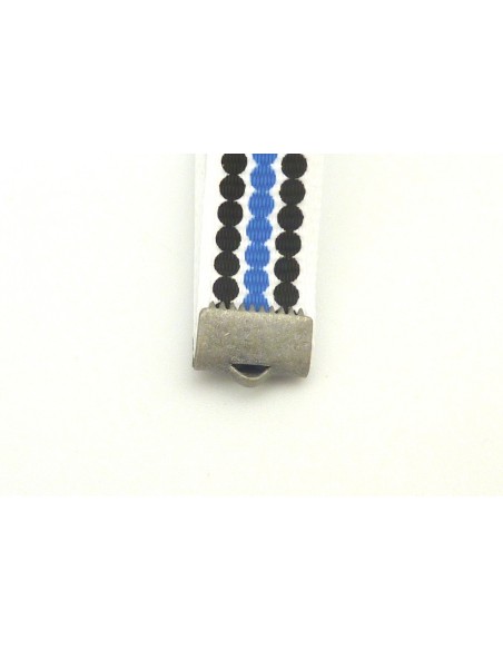 Ruban Galon plat pois bleu et noir sur fond blanc 10mm de large