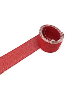 Ruban gros grain chambray 38mm rouge et beige en lin et viscose 2