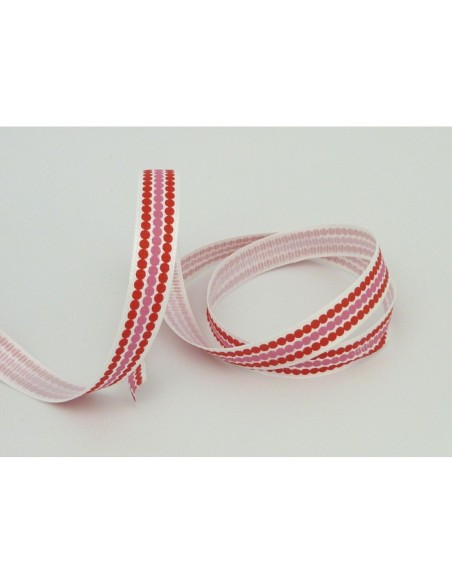 Galon blanc à pois rouges et roses 10mm