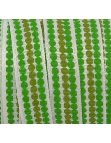 Ruban Galon plat pois vert et kaki sur fond blanc 10mm de large