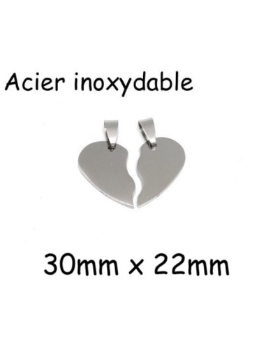 Pendentif coeur brisé argenté en acier inoxydable pouvant être gravé 30mmx22mm