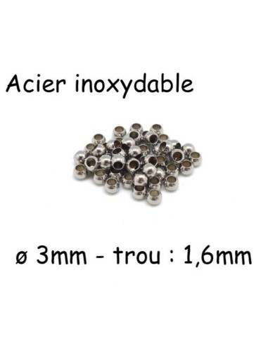 Perle ronde 3mm en acier inoxydable argenté pour cordon 1,5mm
