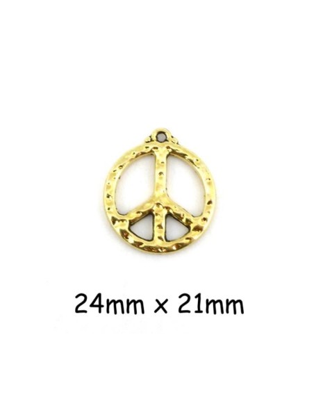 Breloque peace and love doré en métal martelé