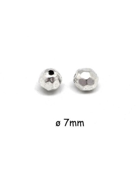 Perle ronde à facettes en métal argenté