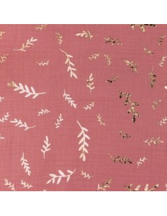 Tissus double gaze de coton motif brindille doré sur fond vieux rose - vendu au mètre