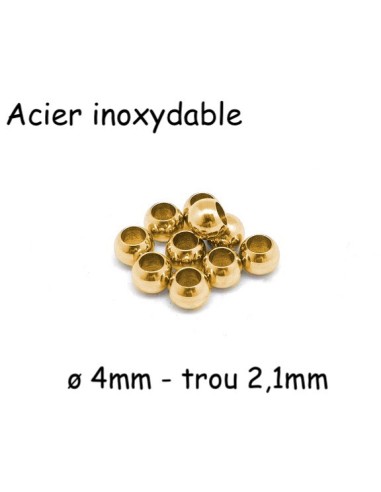 Perle ronde 4mm en acier inoxydable doré  à gros trou 2mm