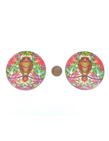 Grand Pendentif en bois hibou rose, vert, orange 60mm