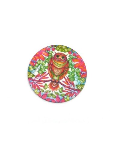 Pendentif rond en bois hibou rose, vert, orange 60mm