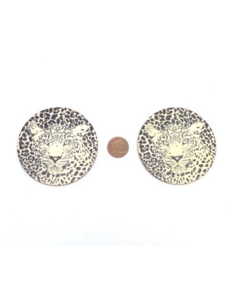 Grand Pendentif en bois félin noir et blanc cassé, écru 60mm