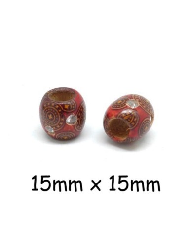Perle en bois rouge à motif avec strass 15mm à gros trou - Idéal création de noël, collier, scrapbooking, macramé