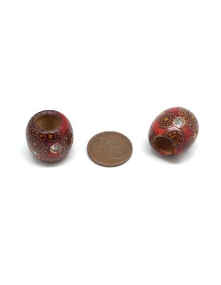 Perle bois 15mm à gros trou rouge avec strass pour macramé